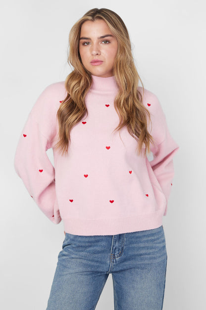 Chic Heart-Knit Sweater in Pink and Off-White