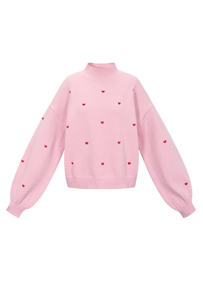 Chic Heart-Knit Sweater in Pink and Off-White